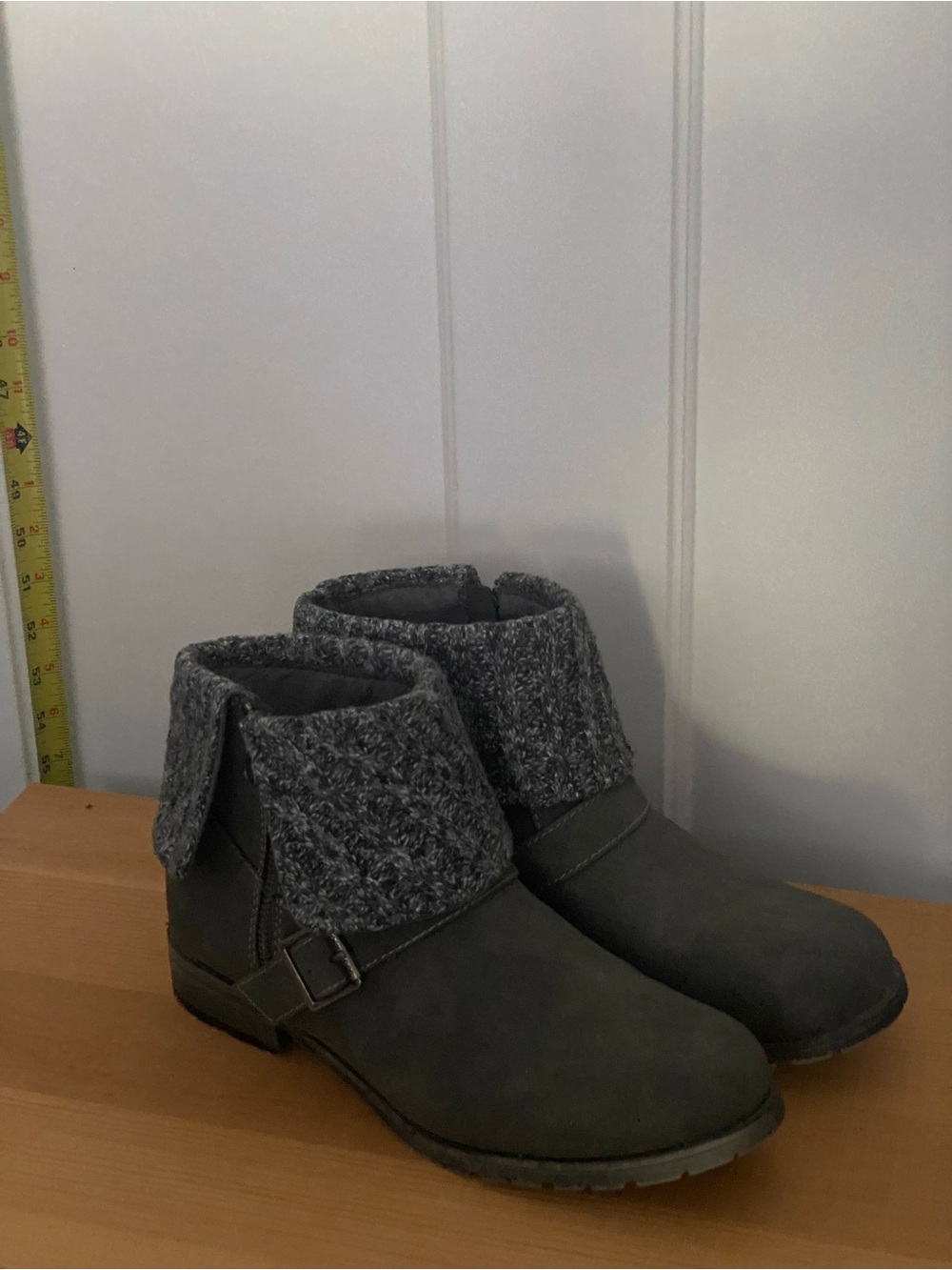 Rocket Dog boots in grey, dark stone grey, with knit trim by ankles